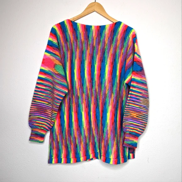 Vintage 80s Handmade Neon Multi Bright Stripe Knit Tunic Sweater - Picture 10 of 12
